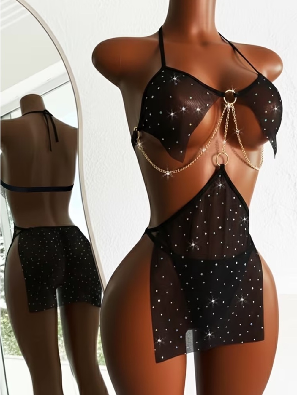 Sheer Black Rhinestone & Chain Accent Chemise